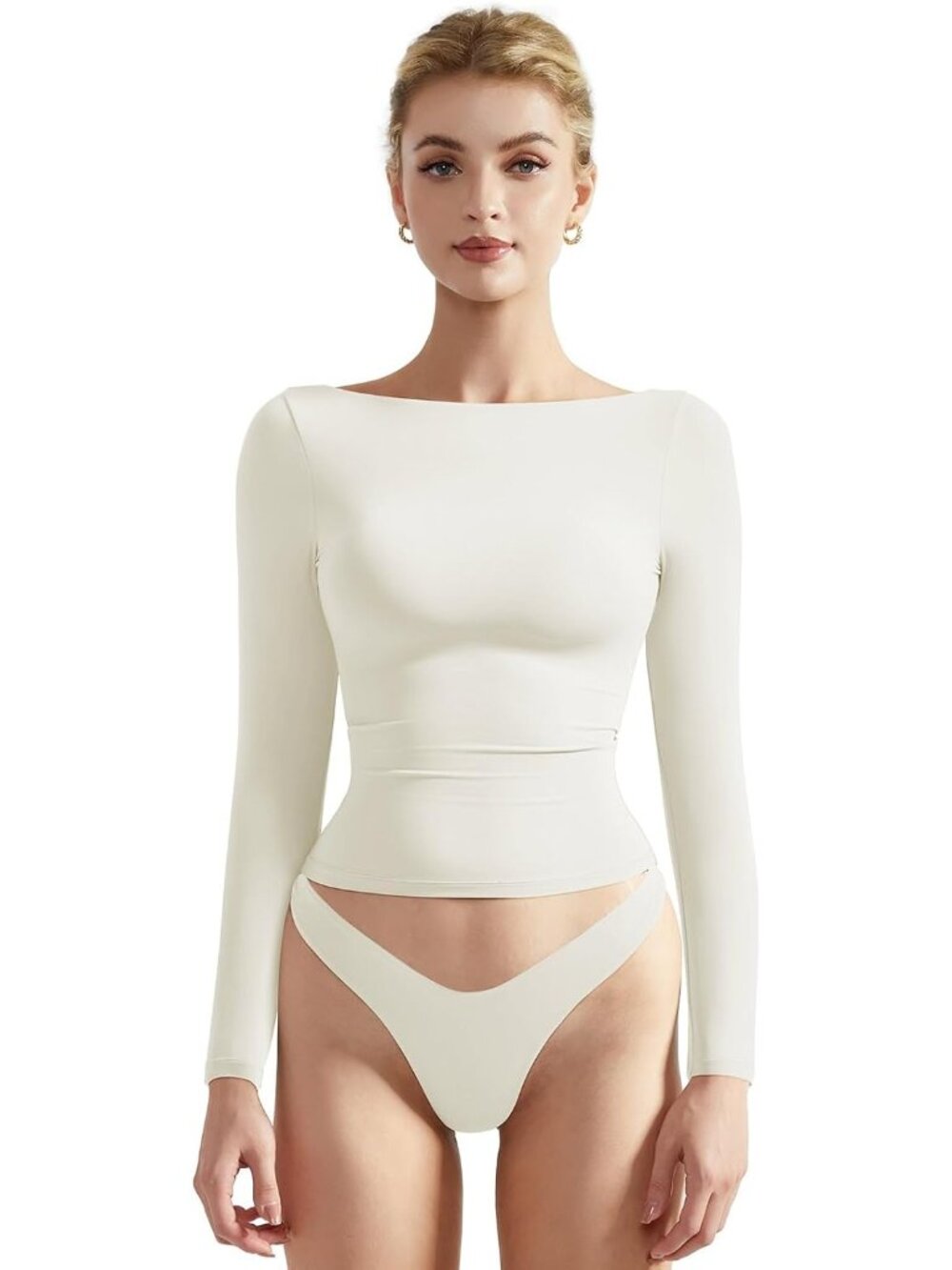 Women's Cream White Crew Neck Long Sleeve Crop Top Double Lined Fitted Shirt
